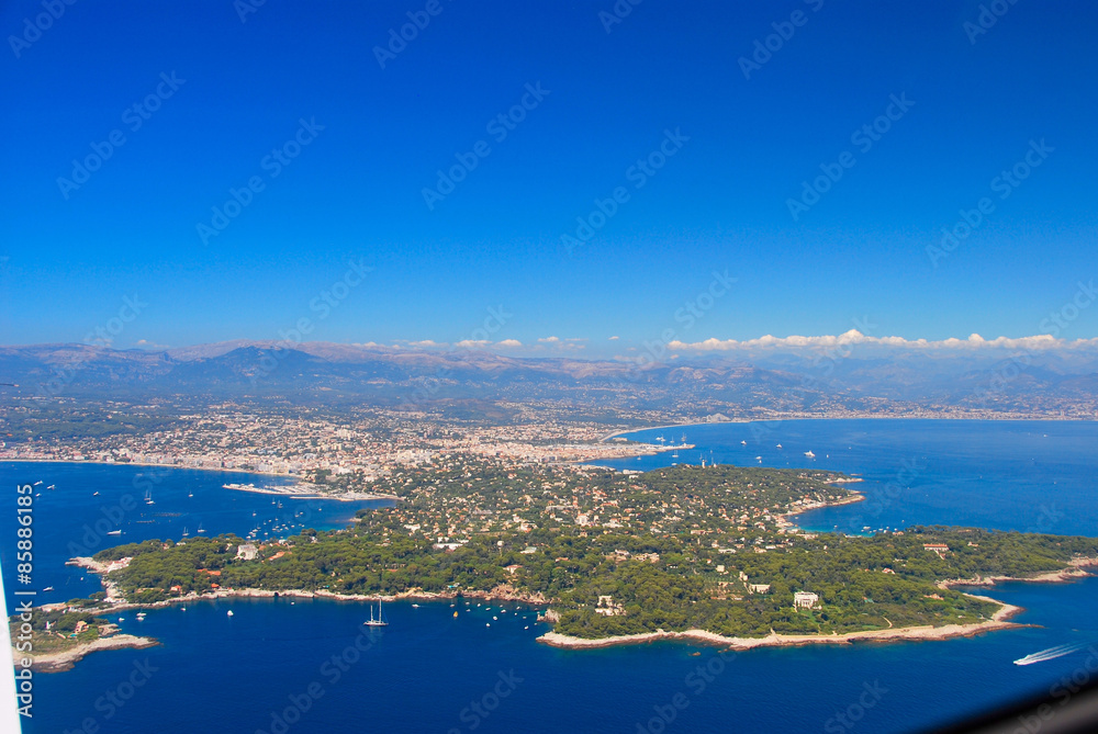 view of the french riviera, Cap Antibes, cote D'azure coast line from the sky