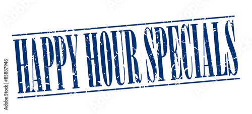 happy hour specials blue grunge vintage stamp isolated on white background