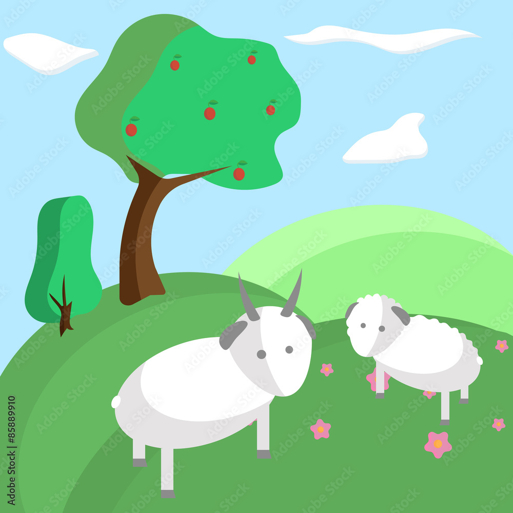 Obraz premium Background tree, hill, goat, nature, landscape