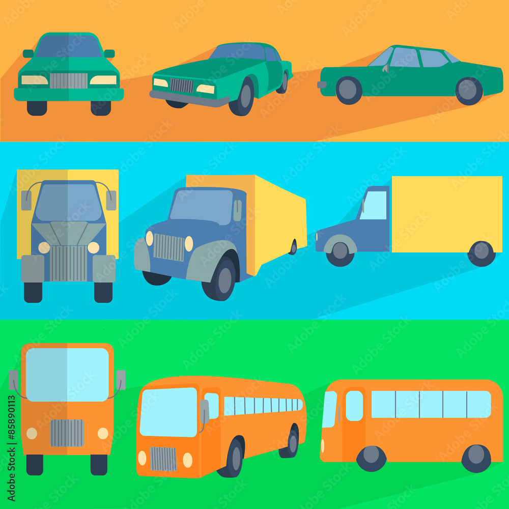 Flat set icons symbols car, truck, bus Flat set icons symbols car, truck, bus