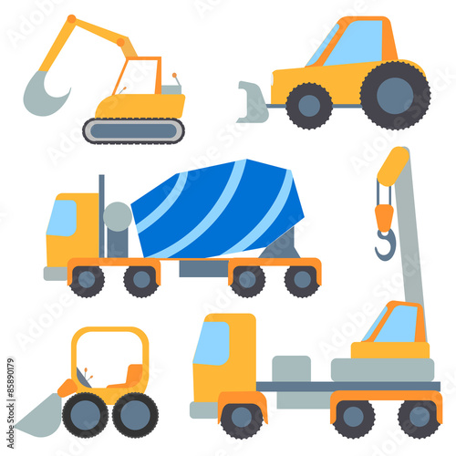Set flet cars, tractor carrier, concrete mixer, excavator