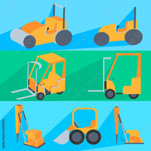 Set flet construction machinery. Roller-stacker, forklift, drill