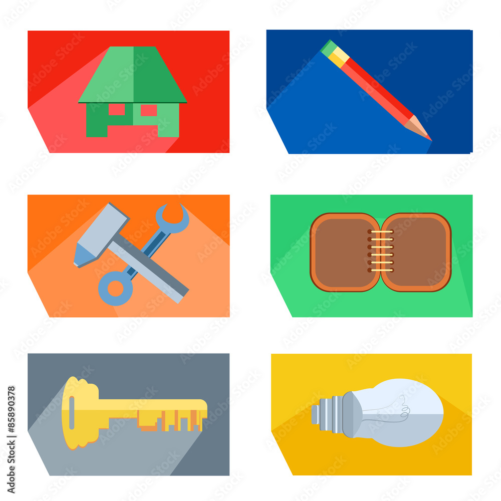 Icons house, pencil, tools, key, lightbulb, notebook Icons house, pencil, tools, key, lightbulb, notebook