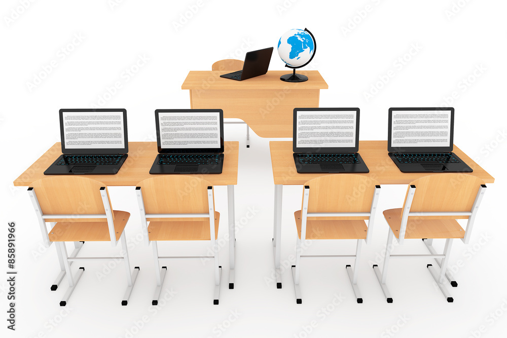 Modern Classroom Concept. School Desks with Laptops in Classroom