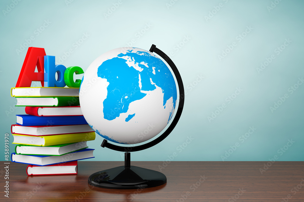 Old Style Photo. Books with ABC sign and World desktop globe Old Style Photo. Books with ABC sign and World desktop globe