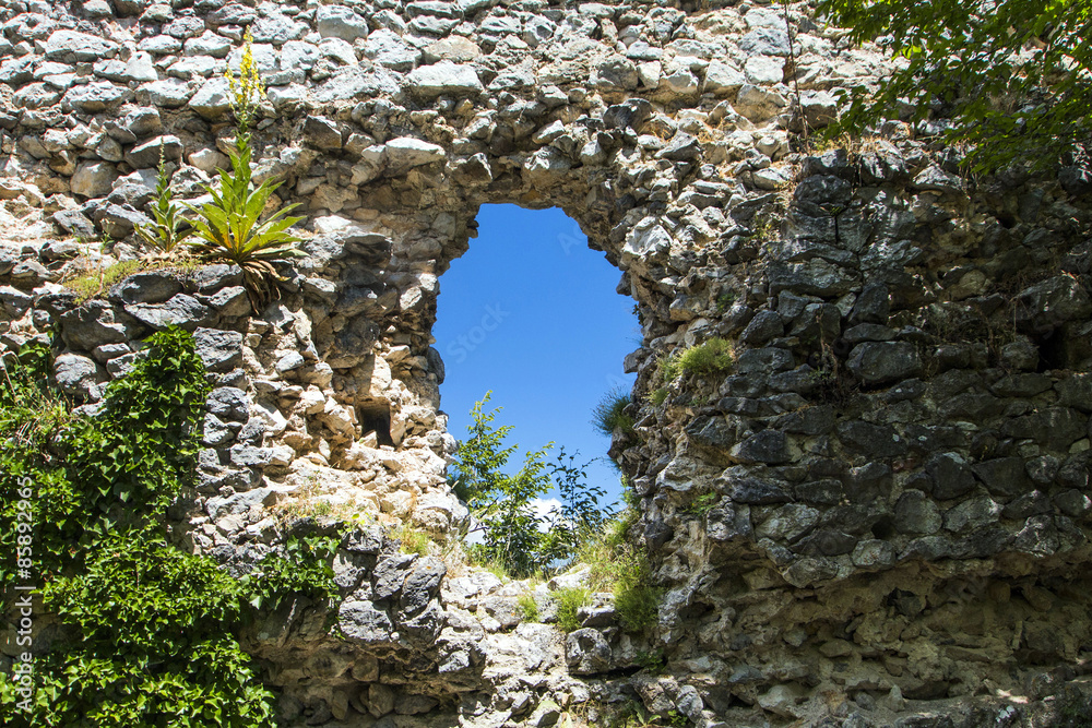 The hole in ruined medieval fortress Okic in Croatia 