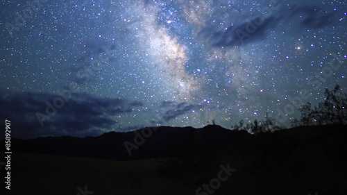 3 axis motion controlled astrophotography time lapse footage with dolly down, tilt down & pan right motion of Milky Way galaxy over desert landscape through dawn in Death Valley National Park, California -Long Shot-