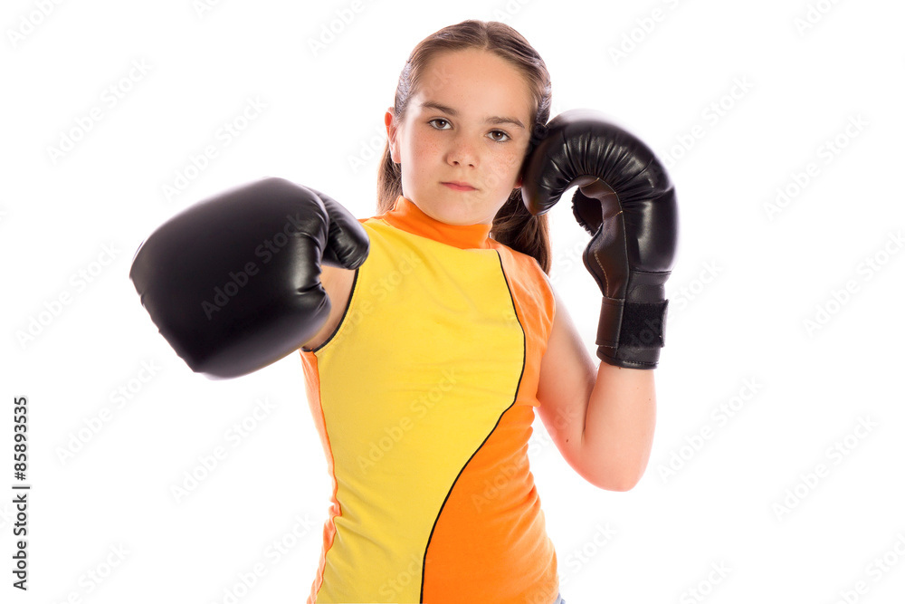 Young boxer girl on white studio background Young boxer girl on white studio background
