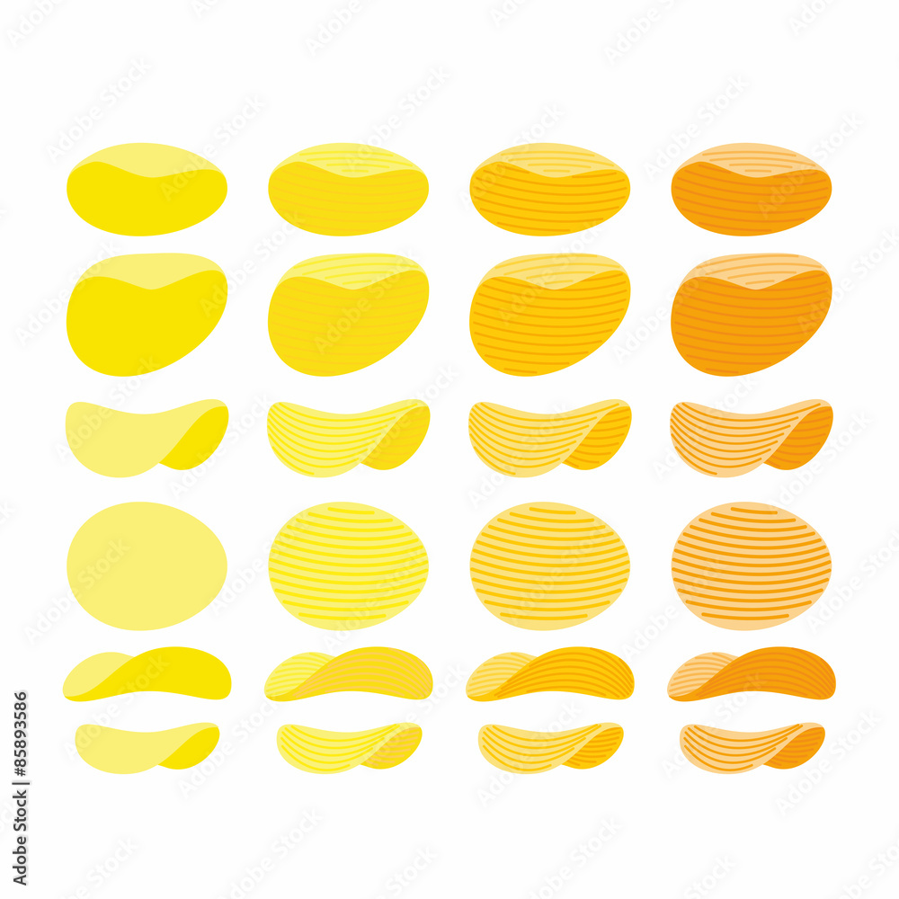 Set of potato chips. Golden, Orange and yellow wavy chips from d Set of potato chips. Golden, Orange and yellow wavy chips from d