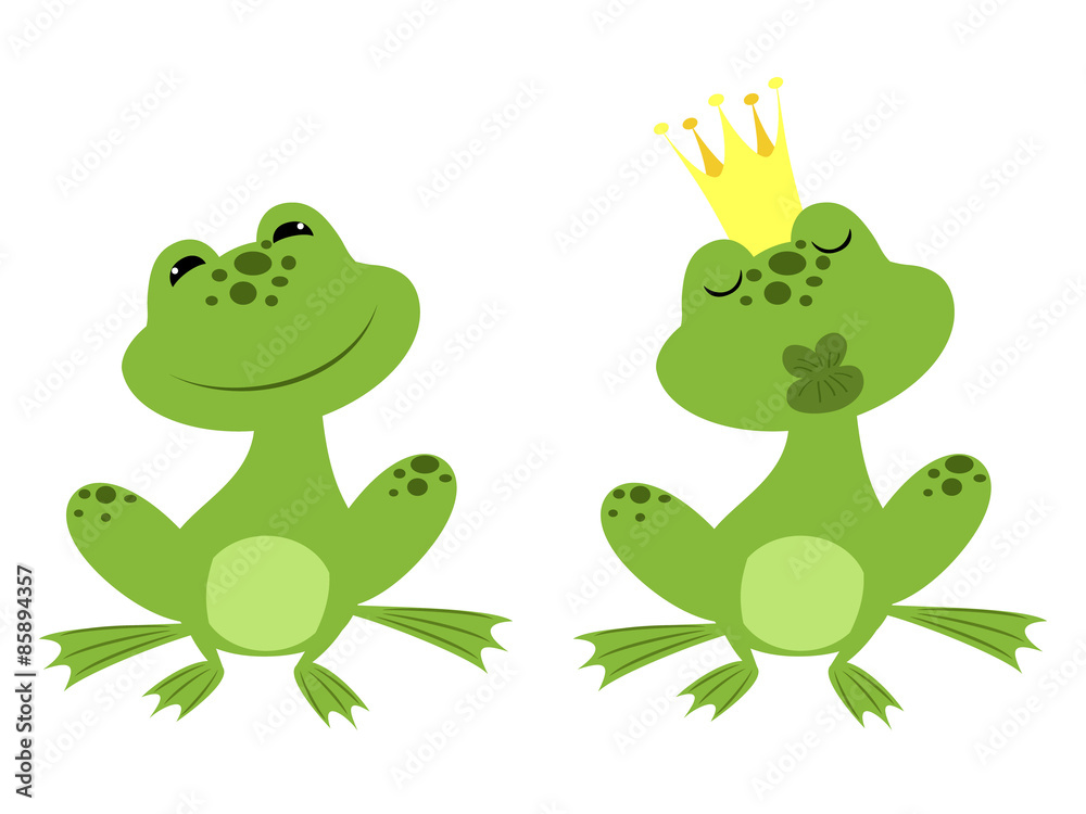 Obraz premium regular sitting frog and charmed prince frog in a golden crown waiting for a kiss