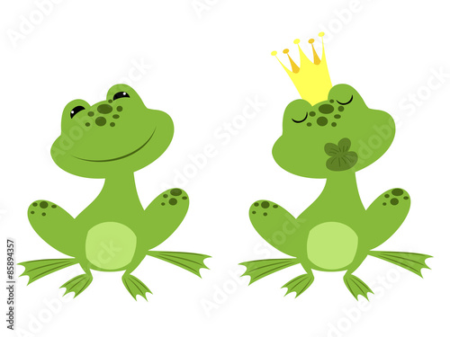 regular sitting frog and charmed prince frog in a golden crown waiting for a kiss