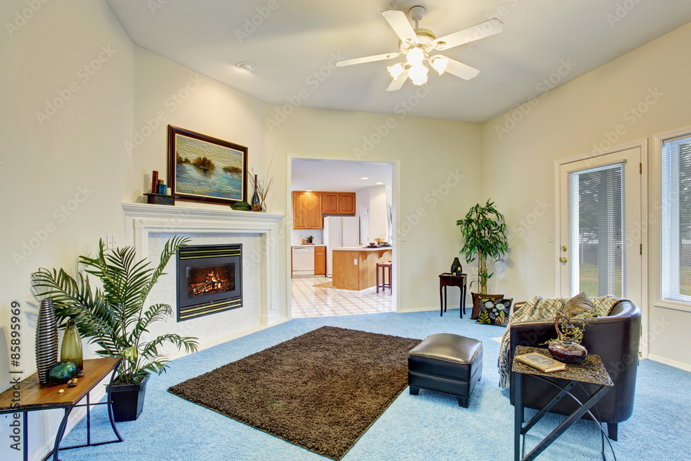 Fototapeta premium Georgous living room with bright blue carpet.