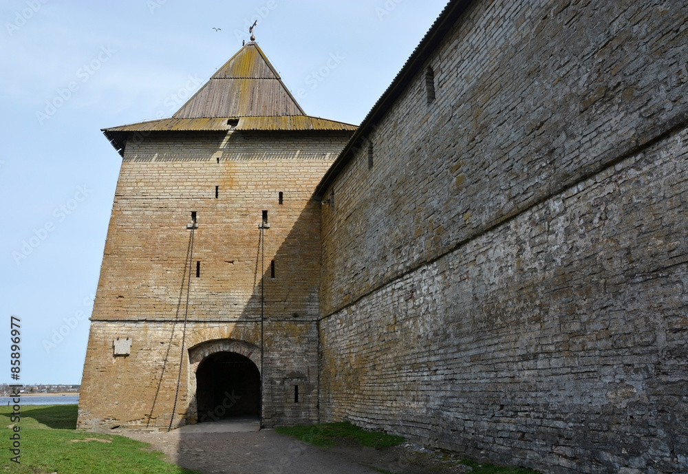 Fototapeta premium Gosudareva tower of the fortress at Shlisselburg city. Fortress called Oreshek (Nut fortress)