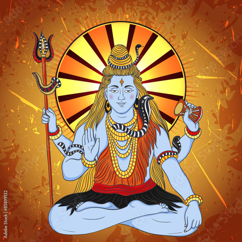 Vintage poster with sitting Indian god Shiva on the grunge background. Retro hand drawn vector illustration