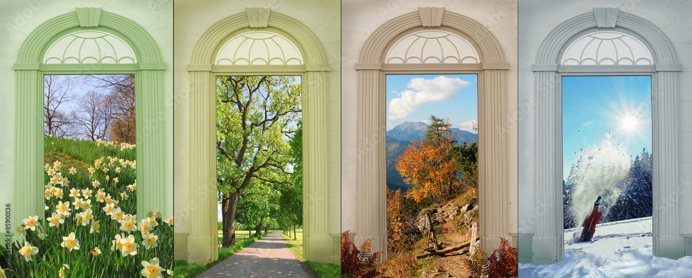 Fototapeta Collage Vier Jahreszeiten 7 - Narzissen, Eichenallee, Bergherbst