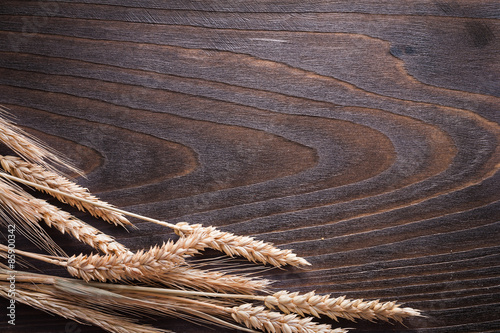 Copy space image of wheat rye ears on wooden vintage board food 
