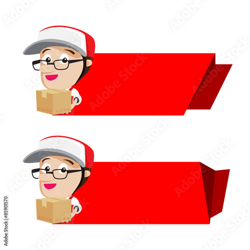 Smile delivery holding box packing with red banner, vector illus