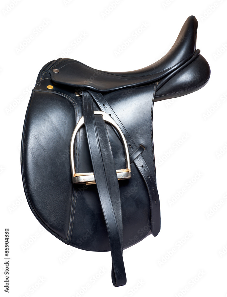 Naklejka premium Black leather dressage saddle isolated on white background
