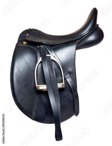 Black leather dressage saddle isolated on white background