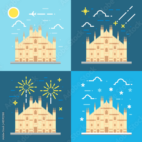 Flat design 4 styles of Duomo di Milano Italy
