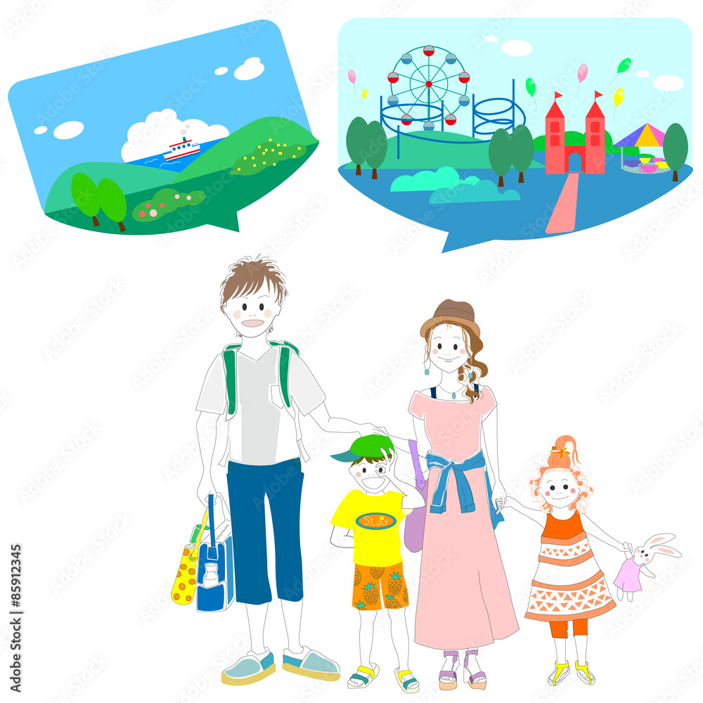 家族4人 夏 行楽地 吹き出し イラスト Stock イラスト Adobe Stock