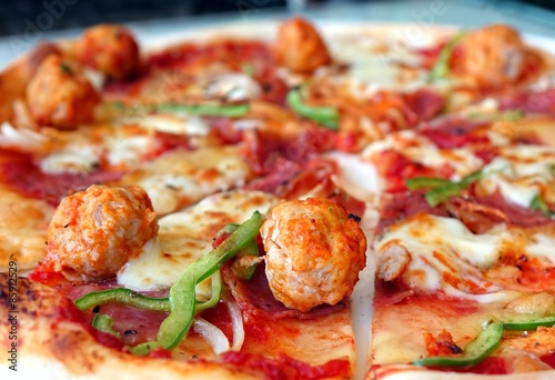 Delicious Pizza with Meatballs and Salami