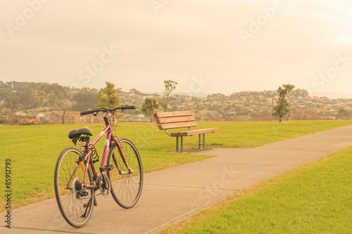 bike, bench and the view from the hill, Whangaparaoa, around Auckland, New Zealand