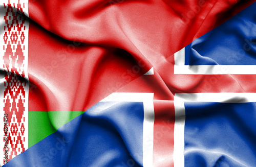Waving flag of Iceland and Belarus
