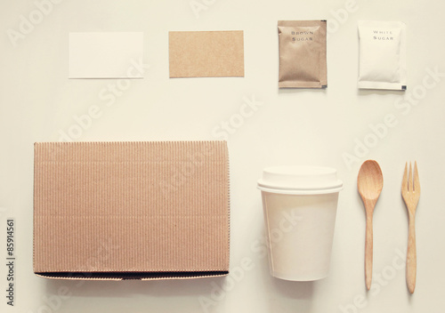 Coffee identity branding mockup set top view with retro filter