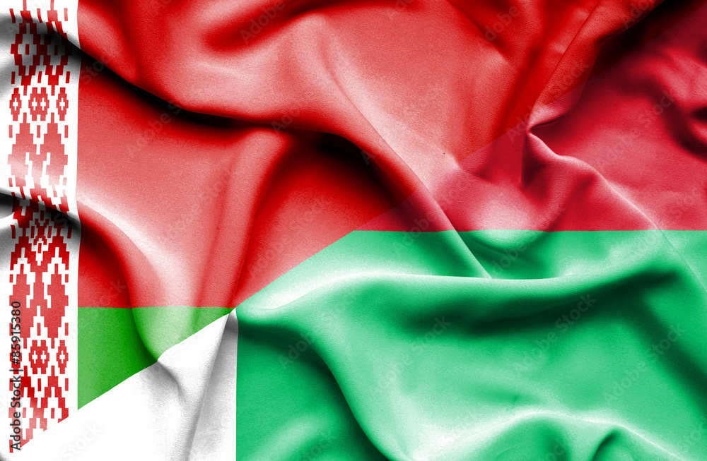 Waving flag of Madagascar and Belarus