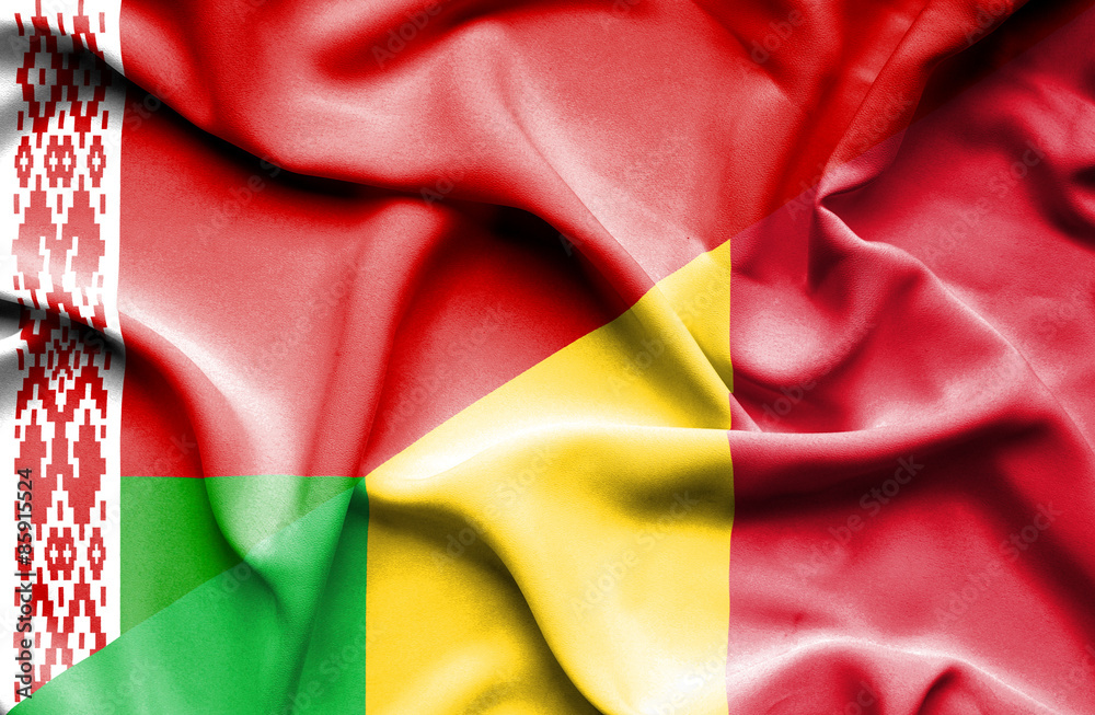 Waving flag of Mali and Belarus