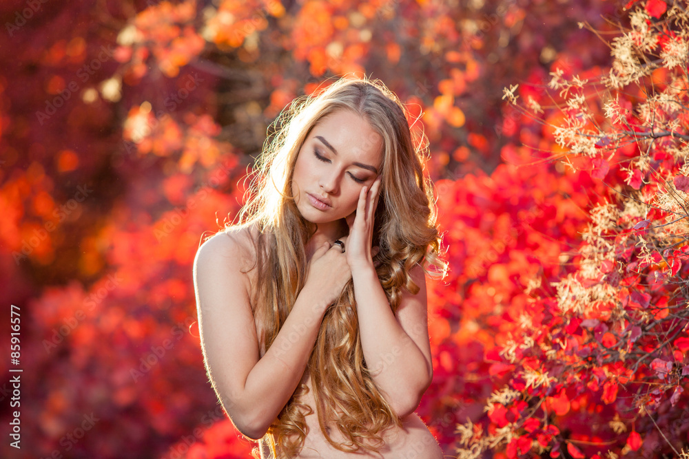 young woman on a background of red and yellow autumn leaves with young woman on a background of red and yellow autumn leaves with