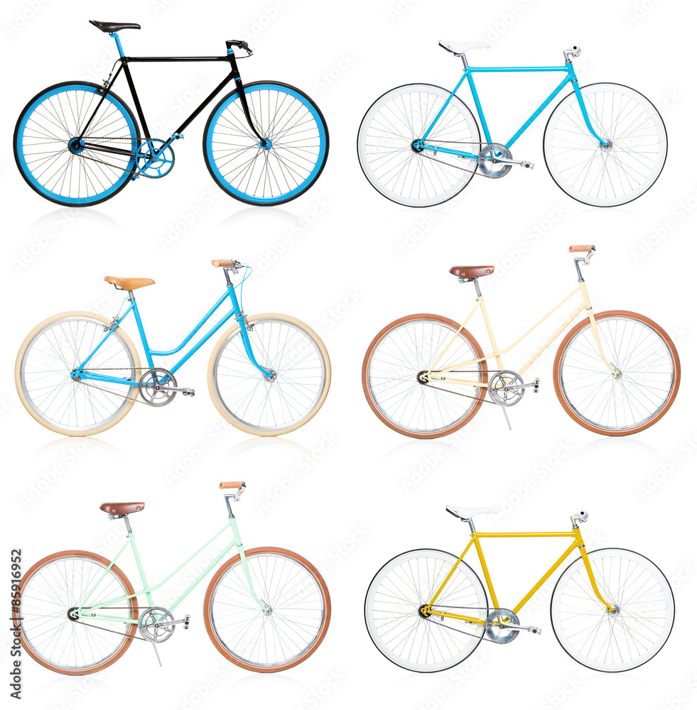 Collection of stylish colorful hipsters bicycle isolated on whit Collection of stylish colorful hipsters bicycle isolated on whit