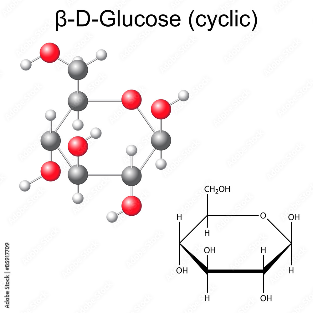 Structural chemical formula and model of beta-D-glucose Structural chemical formula and model of beta-D-glucose