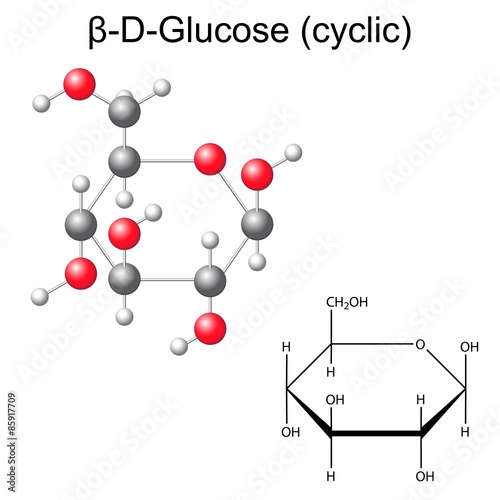 Structural chemical formula and model of beta-D-glucose