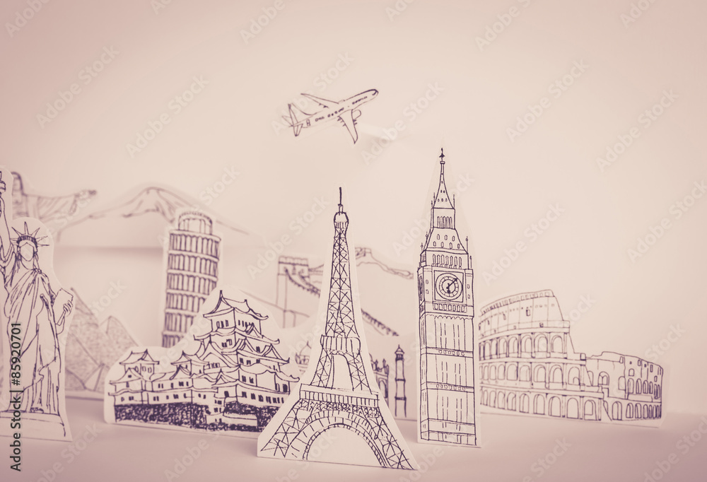 Paper cut of travel (Japan,France,Italy,New York,India,egypt) (