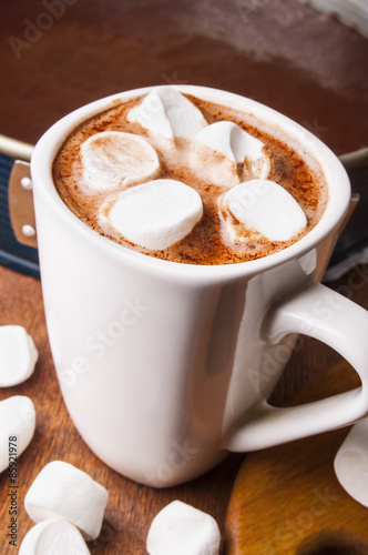 Hot chocolate with marshmallow in a white cup