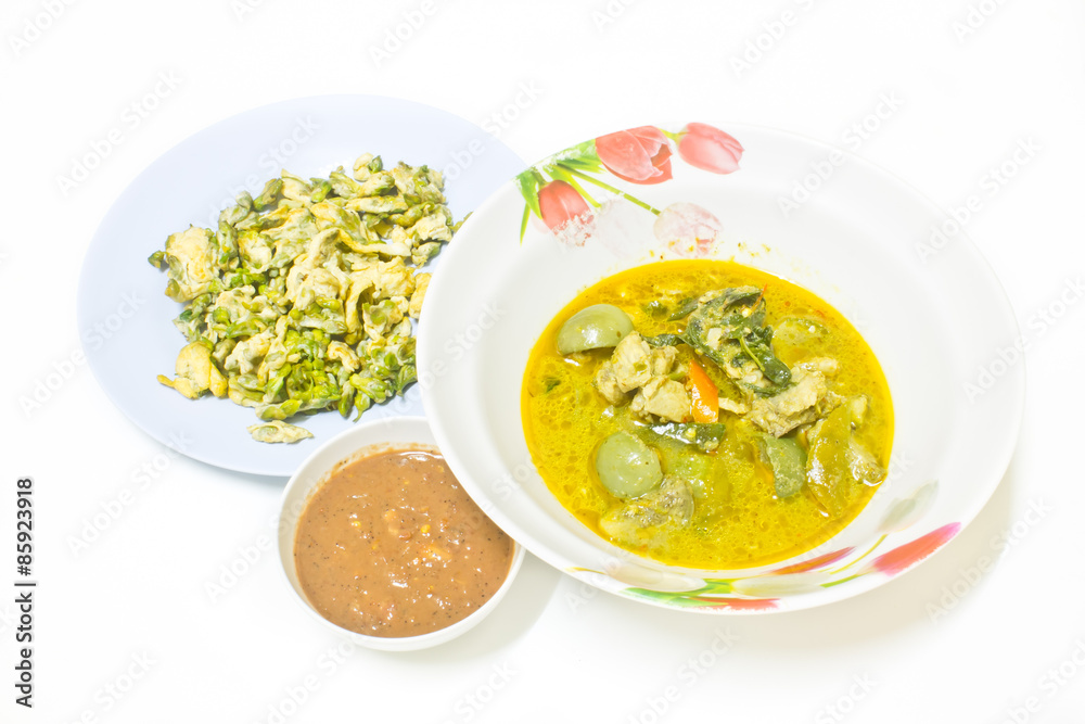 Chicken green curry, chili shrimp paste, fried egg with vegetable, Thai food Chicken green curry, chili shrimp paste, fried egg with vegetable, Thai food