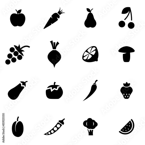 Vector black fruit and vegetables icon set