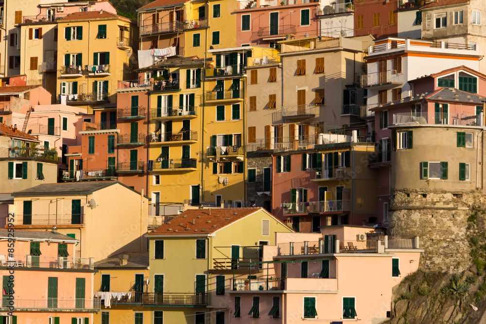 View of Manarola's houses at sunset