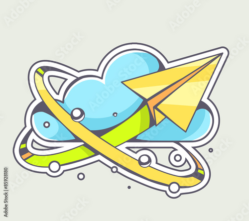 Vector illustration of yellow paper plane flying around blue clo
