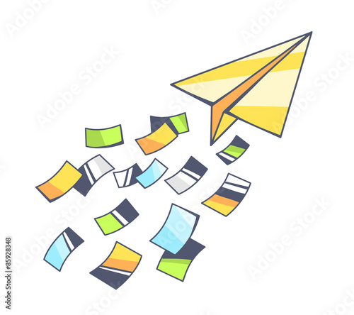Vector illustration of yellow paper plane and flying color paper