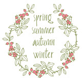 Card with vignette and calligraphic writing seasons. Spring, sum