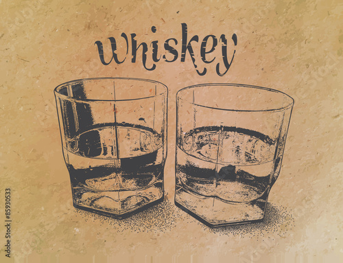 Whiskey in glasses on paper background. engraved style