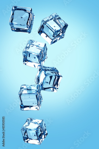 Falling ice cubes on blue background.3D render.
