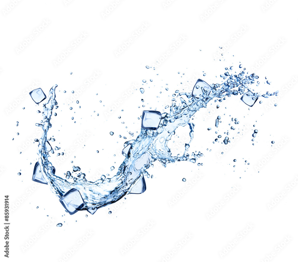 Ice cubes in water splashes on white background Ice cubes in water splashes on white background