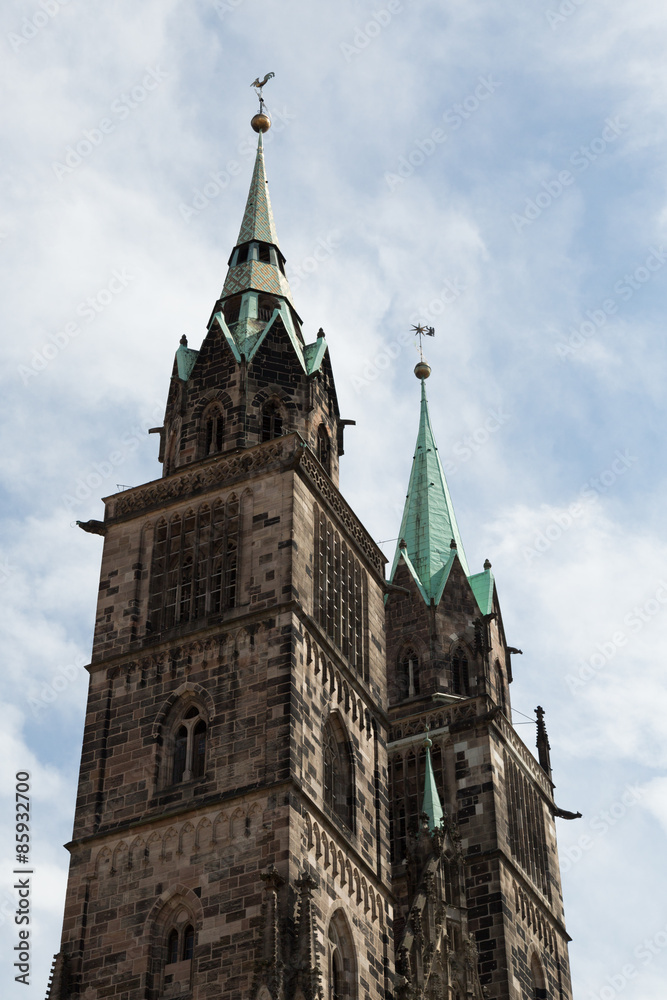 spires of the medieval St. Lorenz church in Nuremberg, Germany