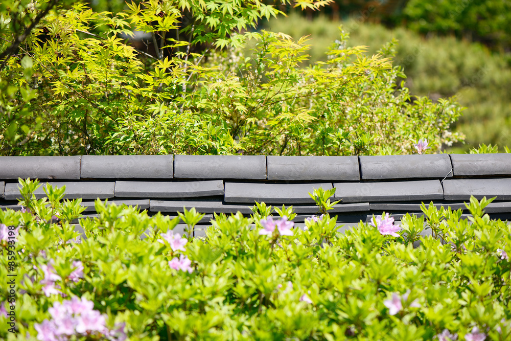 Korean traditional roof tiled wall in a bush