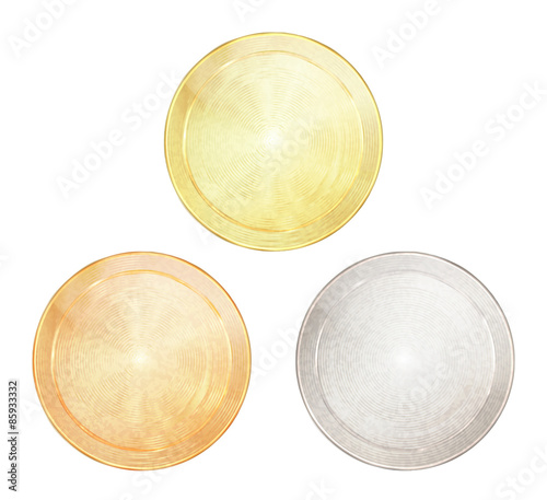 Vector round with centric circles shiny vintage wheels of gold, silver, bronze, which can be used as medals, coins, buttons or signs 