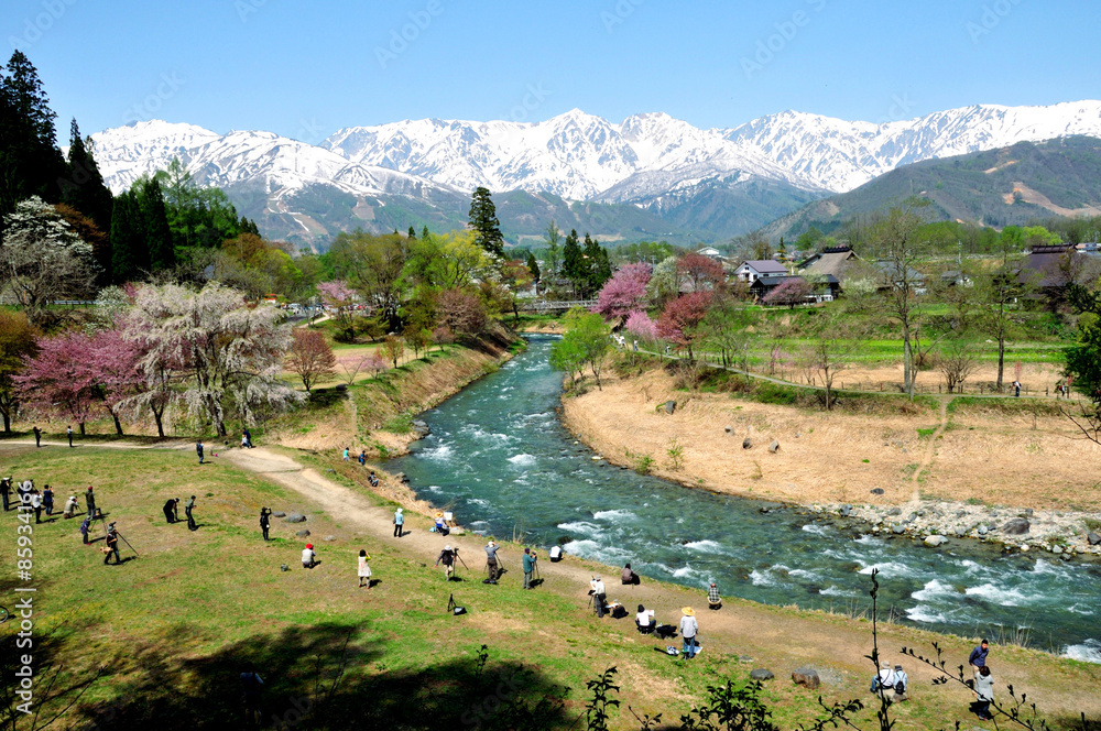Naklejka premium 長野県 白馬の絶景 大出の吊り橋と白馬三山